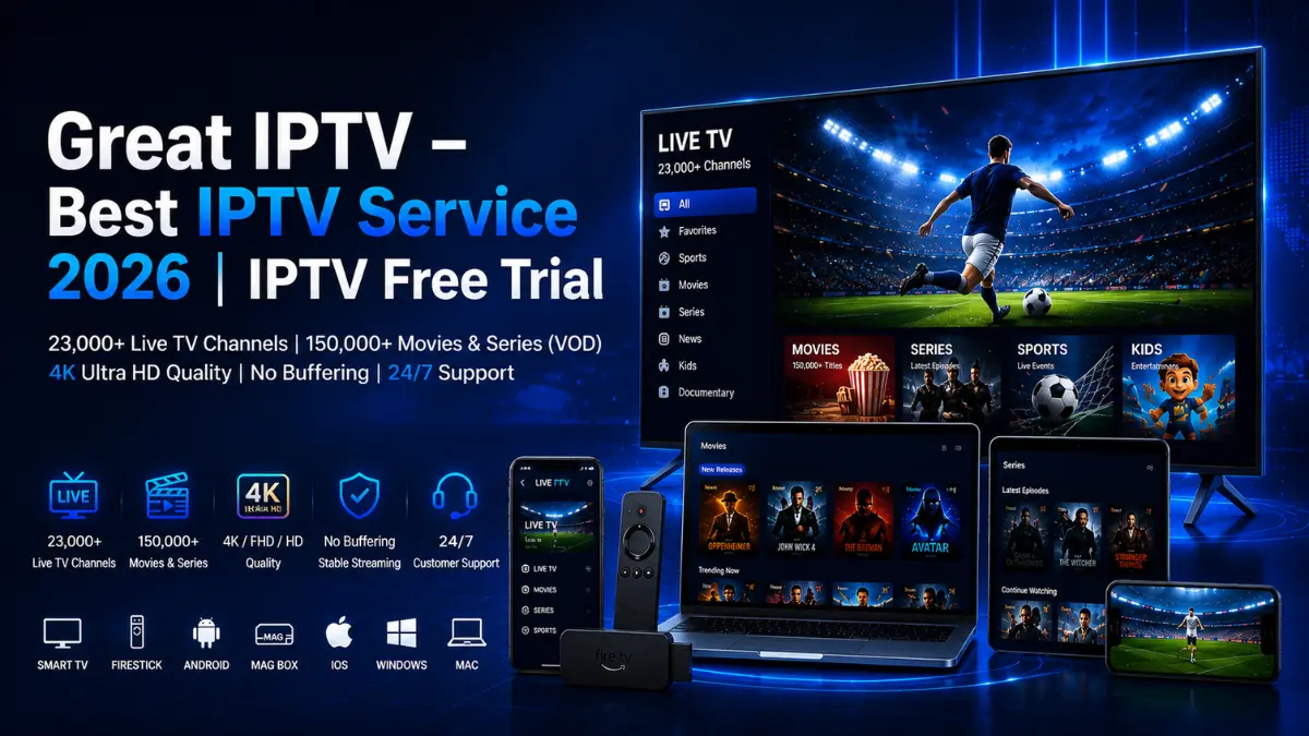 Great IPTV – Best IPTV Service 2026 with IPTV Free Trial, 23,000+ live TV channels, 150,000+ movies and TV series, 4K UHD streaming for Firestick, Smart TV, Android, iPhone, Windows, and Mac.