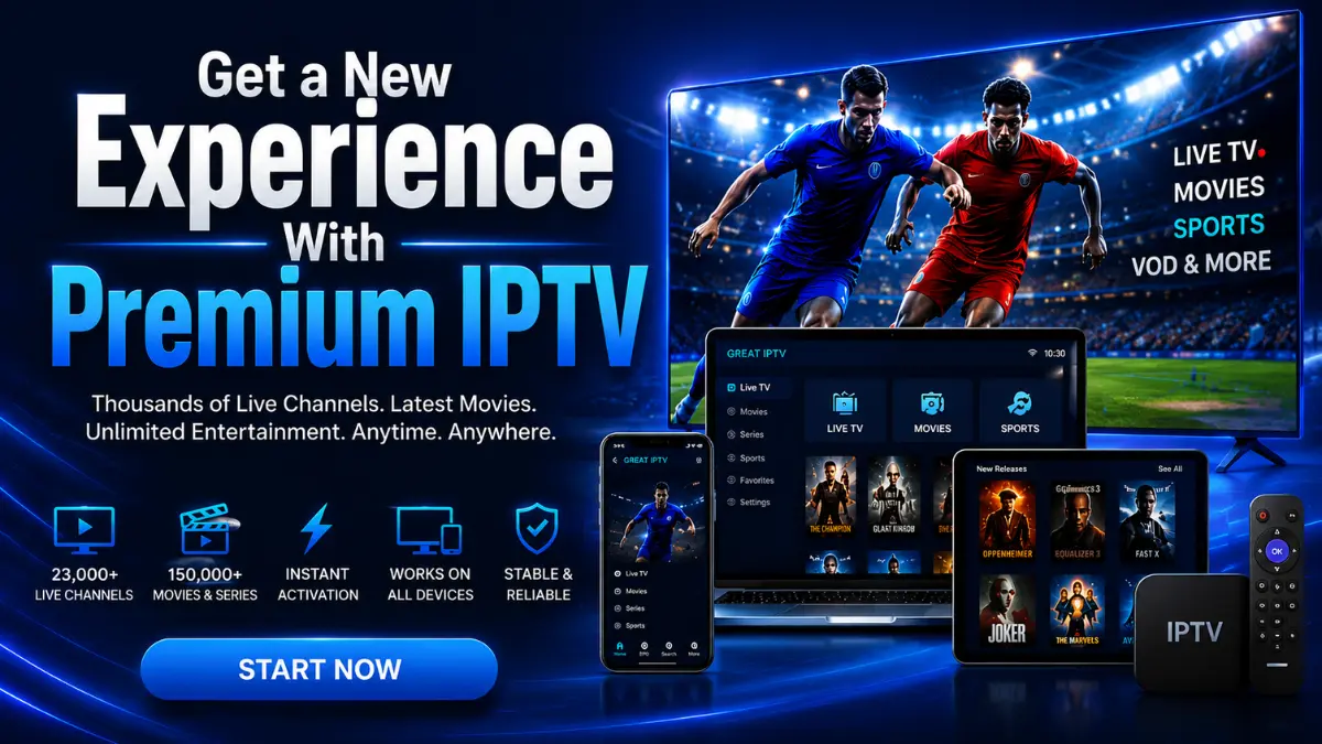 Premium IPTV streaming on Smart TV, laptop, tablet and mobile with live TV, movies, sports and VOD
